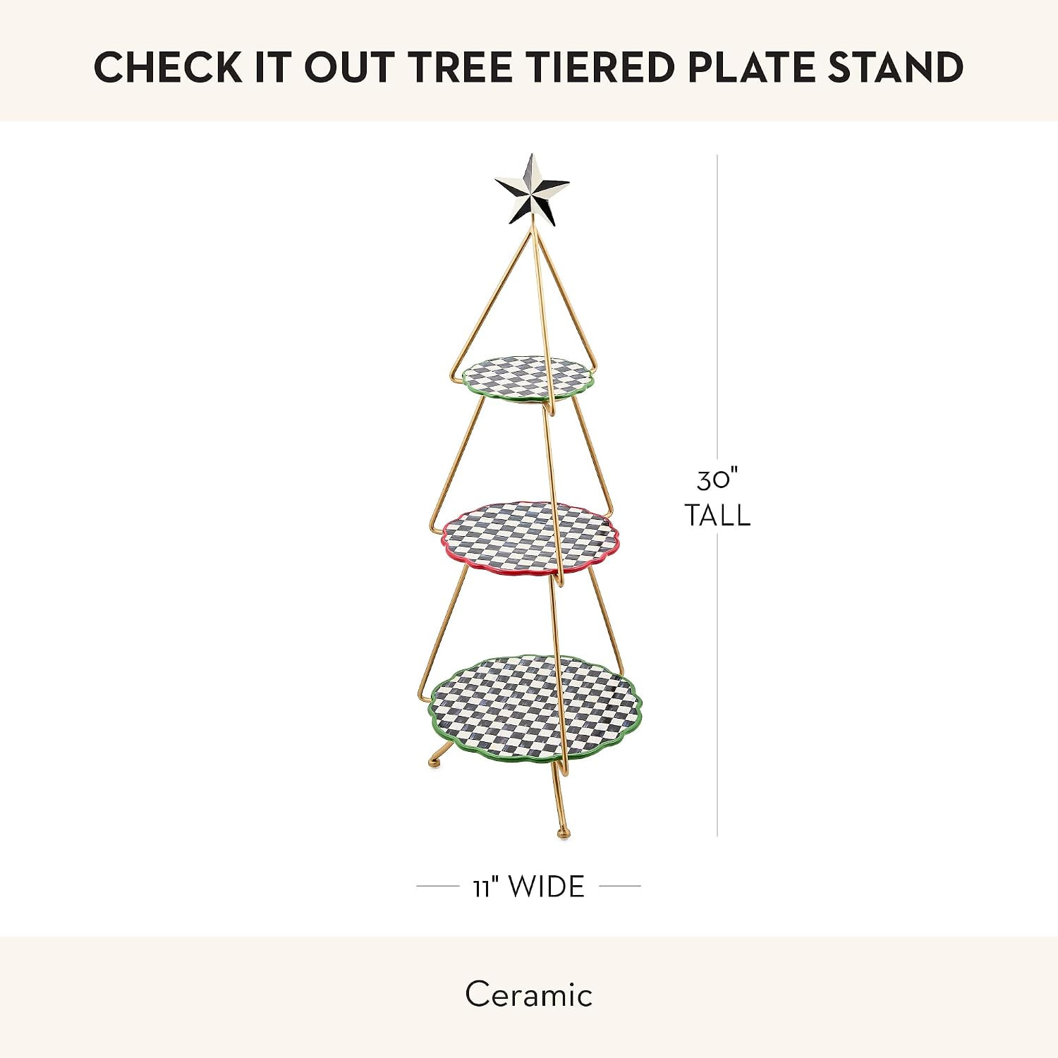 MACKENZIE-CHILDS Ceramic Tiered Plate Stand, Three-Tiered Serving Tray, Party Food Display, Check It Out Tree | Amazon (US)