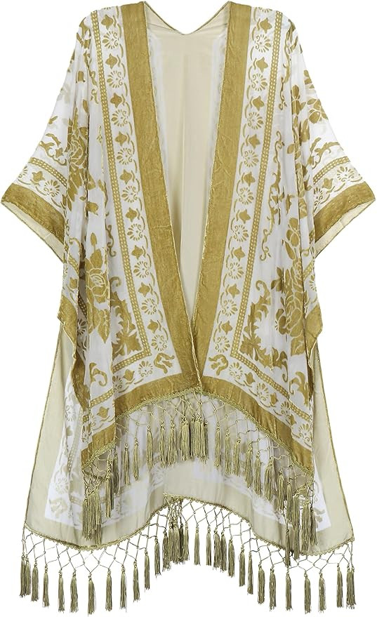 Women's Burnout Velvet Kimono Long Cardigan Cover Up With Tassel | Amazon (US)