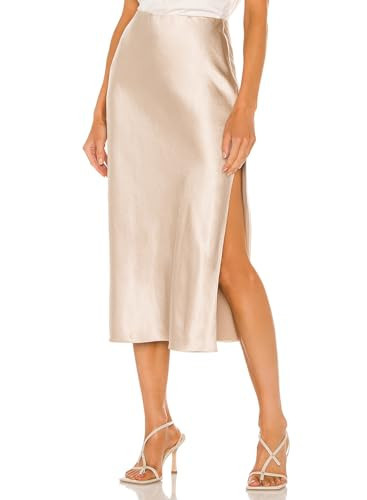 Womens High Waisted Satin Midi Skirts Elegant Flared A Line Elastic Waistband Silk Slit Skirt for Women Beige Small | Amazon (US)