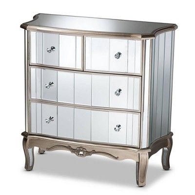 Elgin Brushed Wood and Mirrored Glass 4 Drawer Cabinet Silver/Mirror - Baxton Studio | Target