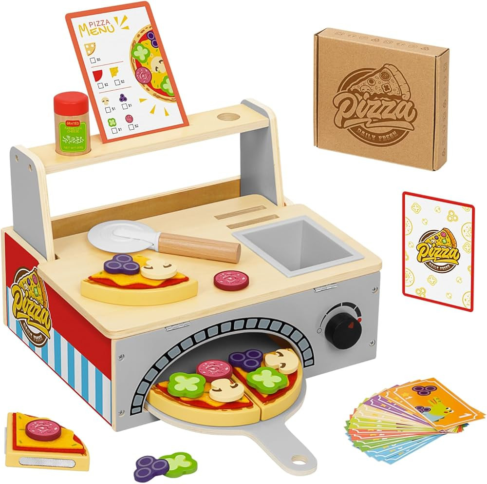 Wooden Pizza Toy Kids Pizza Counter Playset, Montessori Pretend Play Kitchen Accessories with Pla... | Amazon (US)