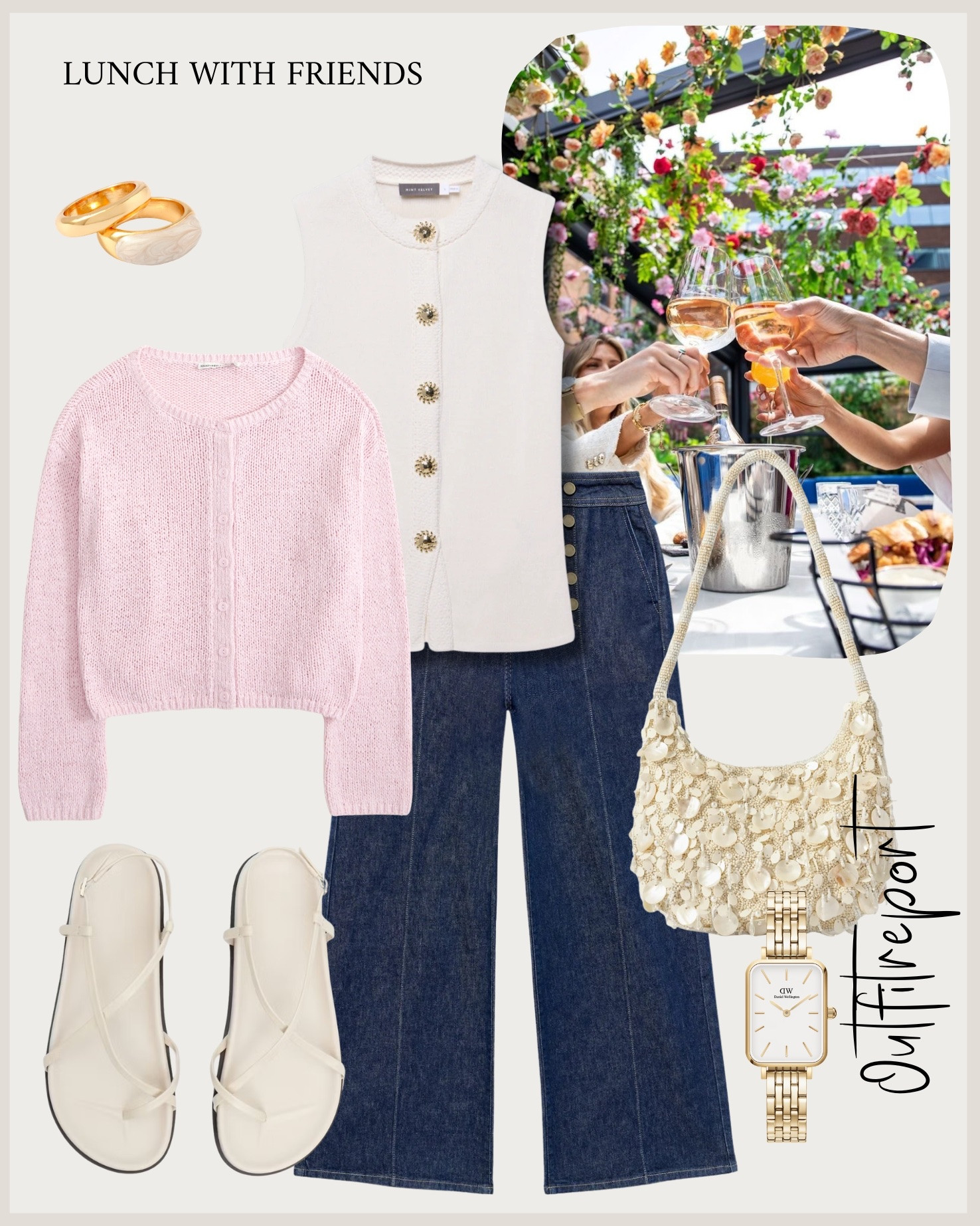 Lunch summer spring outfit in pink cardigan white top and dark blue jeans 

#LTKsummer #LTKspring #LTKstyletip
