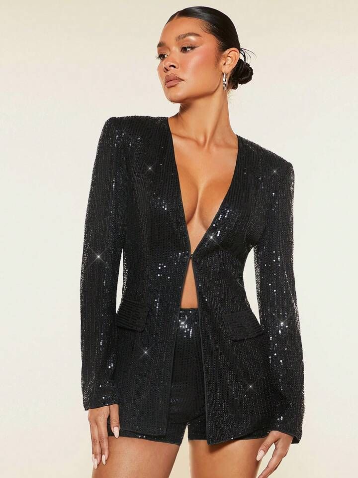 SHEIN BAE Ladies' Black Glitter Blazer For New Year'S Eve Outfit | SHEIN