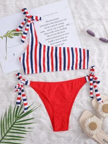 Striped One Shoulder Tie Side Bikini Swimsuit | SHEIN