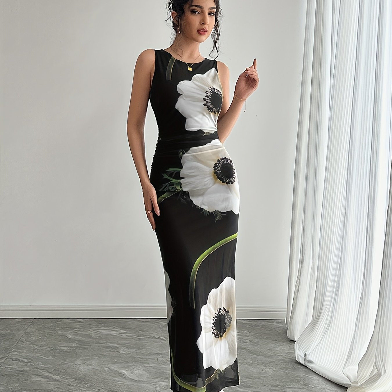 elegant black floral mesh print sleeveless maxi dress women - Temu Canada | Temu Affiliate Program