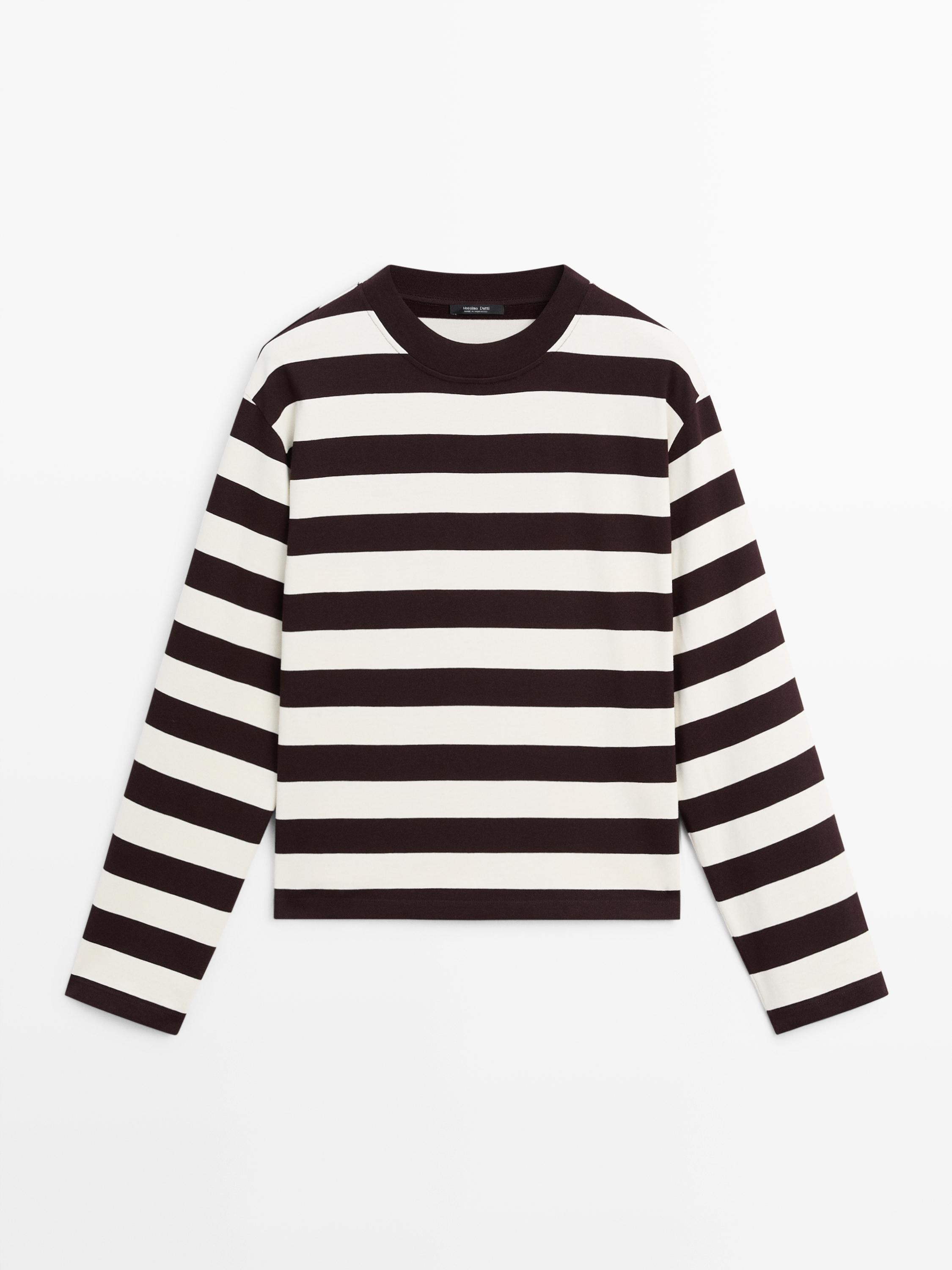 Striped long sleeve cotton T-shirt | Massimo Dutti US