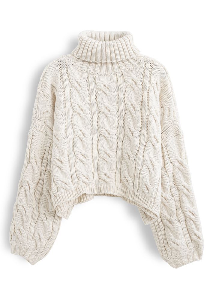 Turtleneck Braid Knit Crop Sweater in Sand | Chicwish