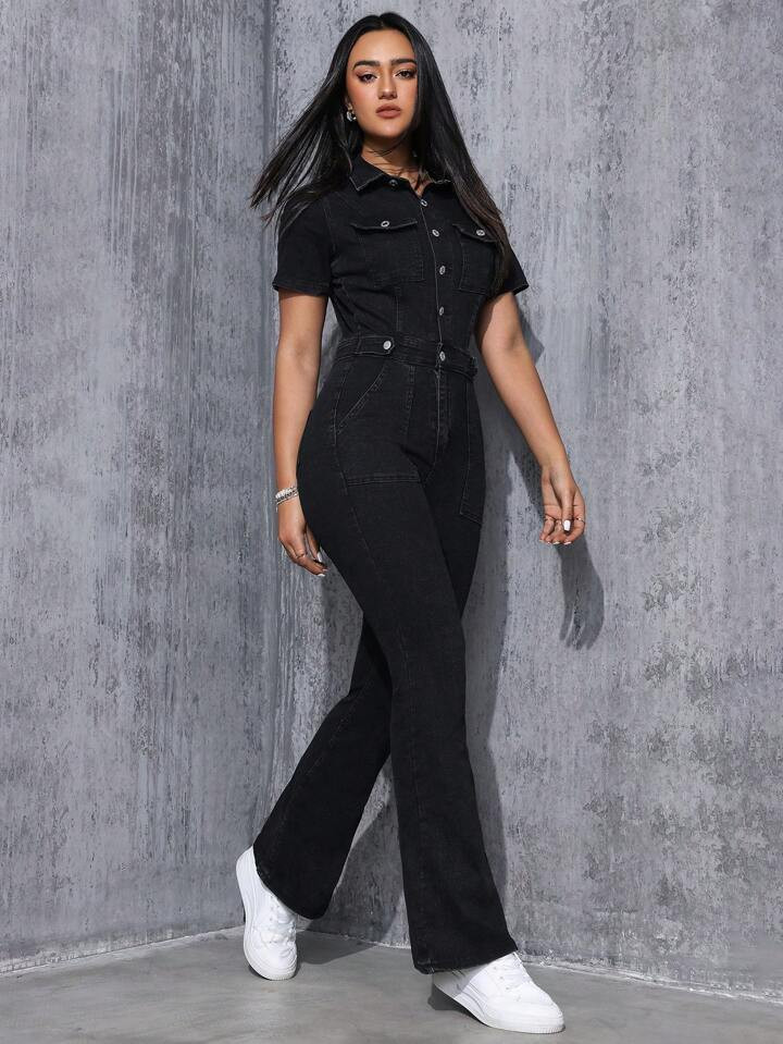 SHEIN EZwear Women's Denim Jumpsuit With Button Fly And Flared Legs | SHEIN