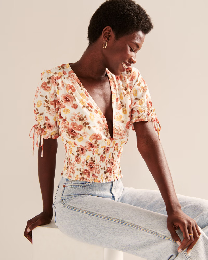 Tie-Sleeve Smocked Waist Top | Abercrombie & Fitch (US)