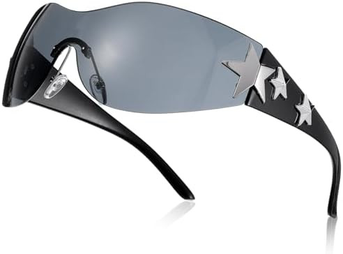 Y2K Sunglasses for Women Men Trendy Shield Wrap Around Sun Glasses Large Rimless Star Sunglasses | Amazon (US)