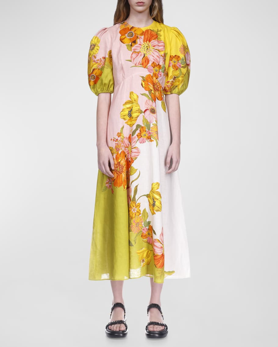 ALEMAIS Silas Puff-Sleeve Floral Linen Midi Dress | Neiman Marcus