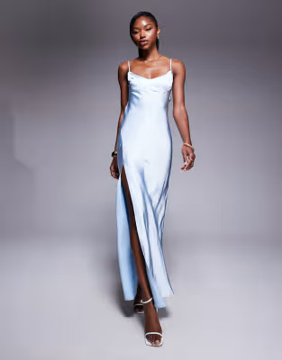Princess Polly satin open back thigh split cami maxi dress in light blue | ASOS (Global)