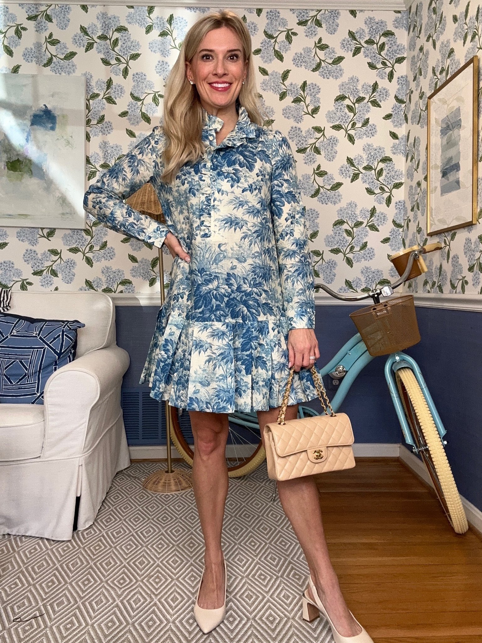 This linen/cotton blend dress is perfection. If you are between sizes, size down. This dress is perfect if you like a breezier fit. It is bump friendly and so easy to dress up or down. This dress also comes in other colors/patters which I will include in my link. 