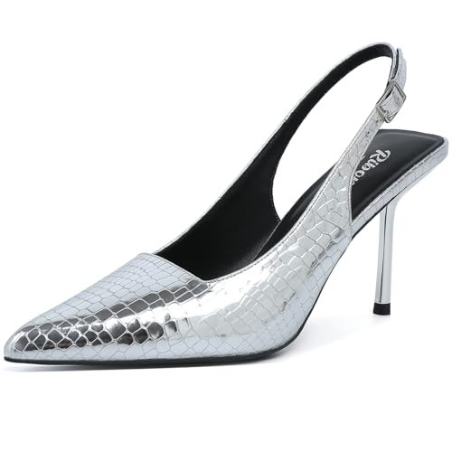 RIBONGZ Silver Heels Slingback for Women Closed Pointy Toe Heels Silver Stone Pattern Sexy Pumps Stiletto High Heeled Wedding Bride Prom Party Evening Dressy Shoes 7.5 | Amazon (US)
