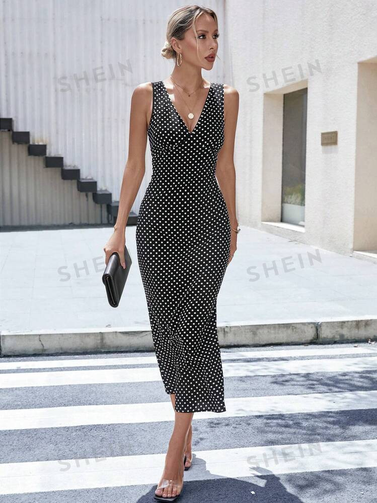 SHEIN Raffinéa Polka Dot Print Split Thigh Bodycon Dress Maxi Women Outfit | SHEIN