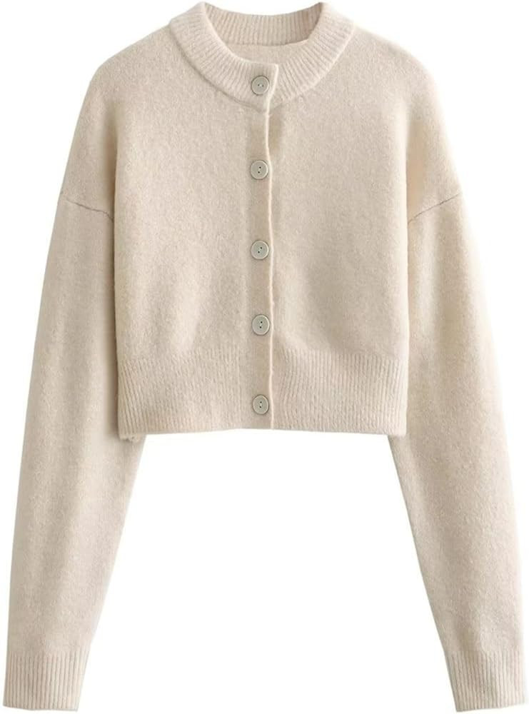 FindThy Women’s Cropped Cardigan Sweater Crewneck Solid Color Long Sleeve Button Down Knitted O... | Amazon (US)