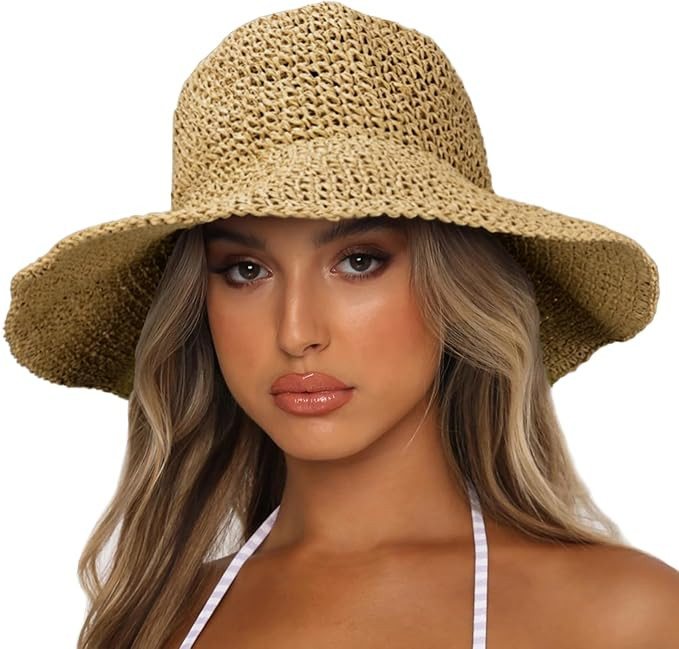 Womens Sun Hats Wide Brim Summer Beach Hat for Women Foldable Travel Straw Hat UPF50+ | Amazon (US)