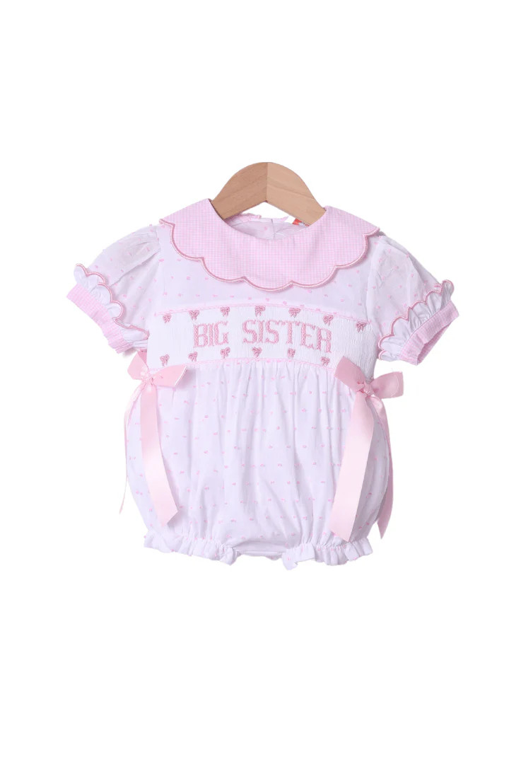 Smocked Big Sister Pink and White Swiss Dot Bow Bubble | The Smocked Flamingo