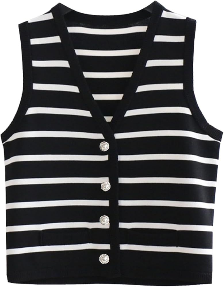Womens Striped Knit Vest Dressy Sweater Trendy Sweater Sleeveless Button Down Tank Tops Summer | Amazon (US)