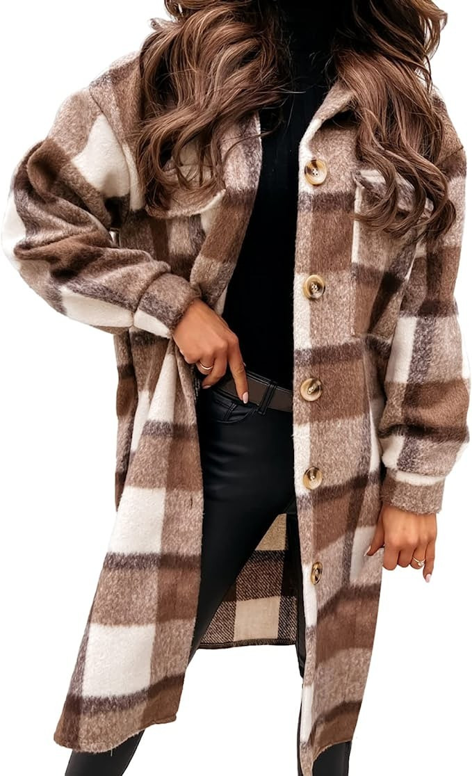 Halfword Womens Winter Lapel Plaid Rushed Tartan Button Down Shirt Shacket Jackets Woolen Coat | Amazon (US)