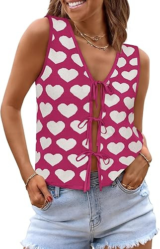 Womens Tie Front Tops Trendy 2026 Summer V Neck Sleeveless Sweater Vests Fashion Cute Crochet Kni... | Amazon (US)