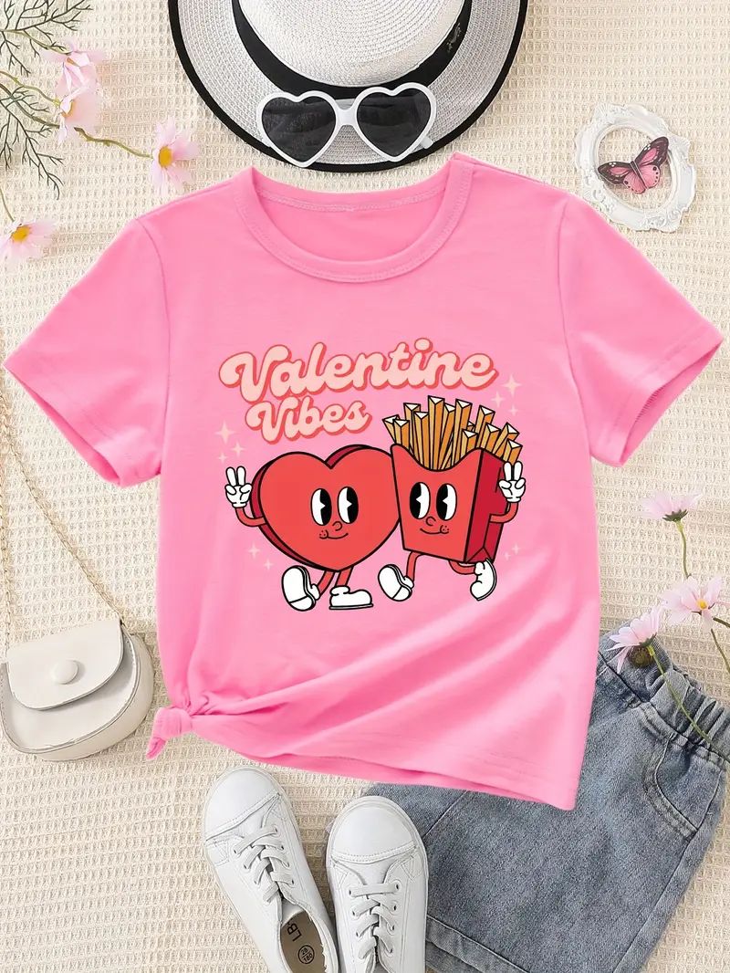 VALENTINE VIBES Print Crew Neck Short Sleeve T-shirt For Girls Summer Valentine's Day Gift | Temu Affiliate Program