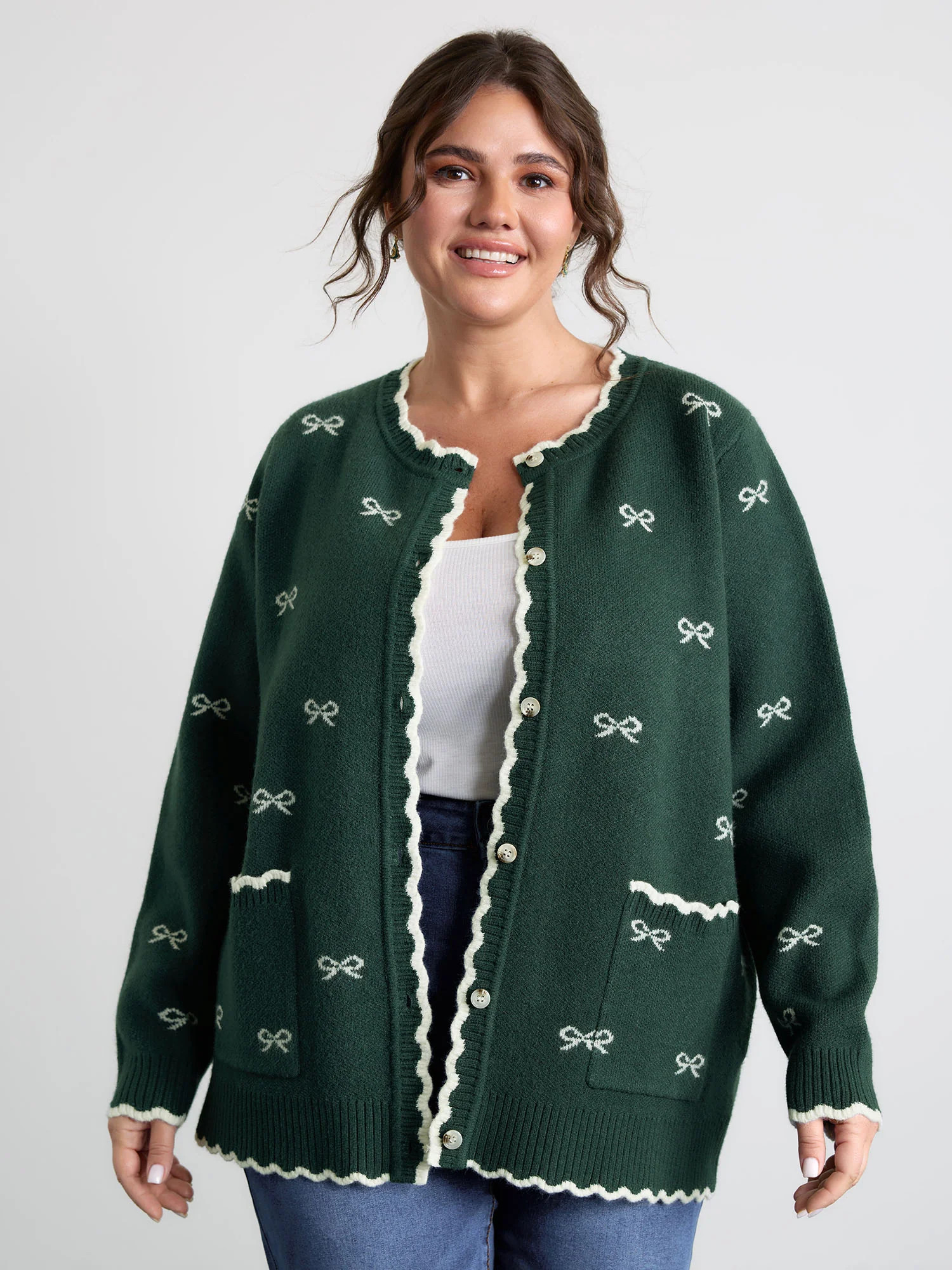 Bowknot Jacquard Wavy Edge Knit Cardigan | Bloomchic