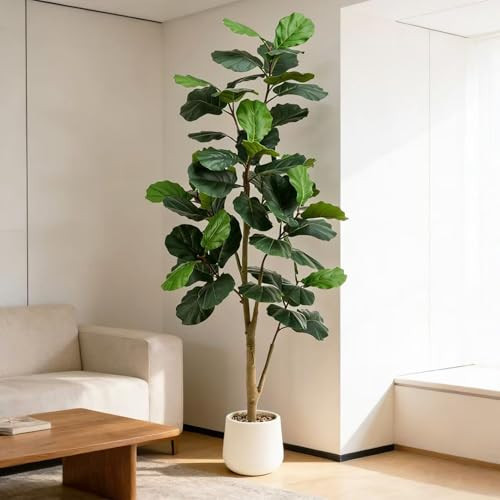Artificial Fiddle Leaf Fig Tree, 6FT Tall Faux Ficus Lyrata Fake Tree in White Pot, Artificial Tree Indoor Decor, Fiddle Leaf Fig Tree Fake Plant for Home Office Living Room Decoration Modern | Amazon (US)