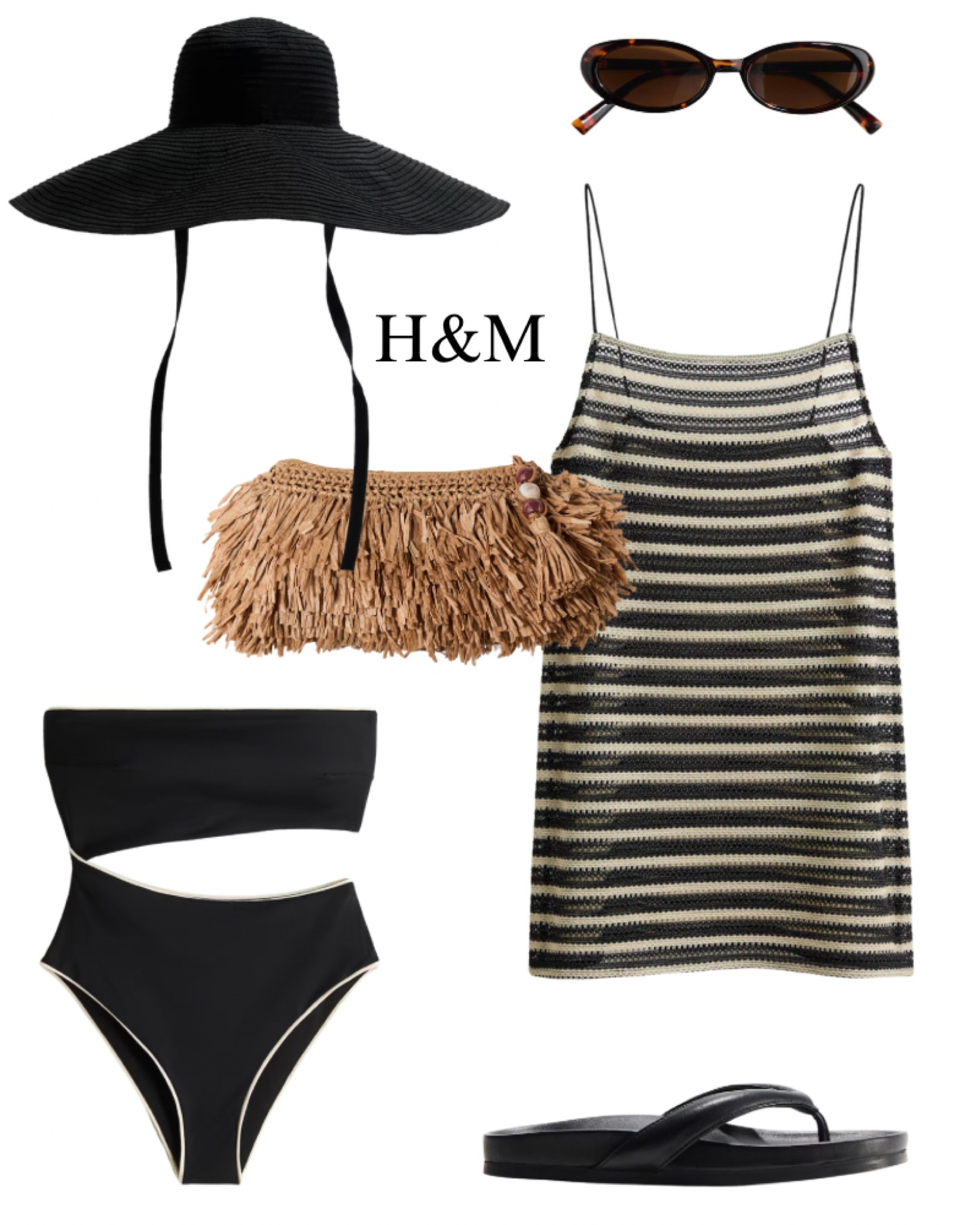 H&M new arrivals!! Take 25% off when you spend $125!! Beach, resort, black cut out one price swimsuit, black sun hat, fringe clutch, pool, vacation.

#LTKootd #LTKSaleAlert #LTKSwim