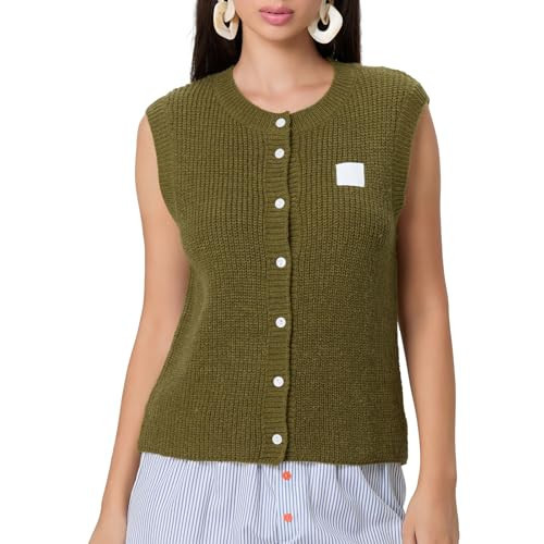 Women Knitted Tank Tops Vintage Sleeveless Button Down Solid Color Button Front Basic Vest Summer Sweater Shirt (Army Green, M) | Amazon (US)