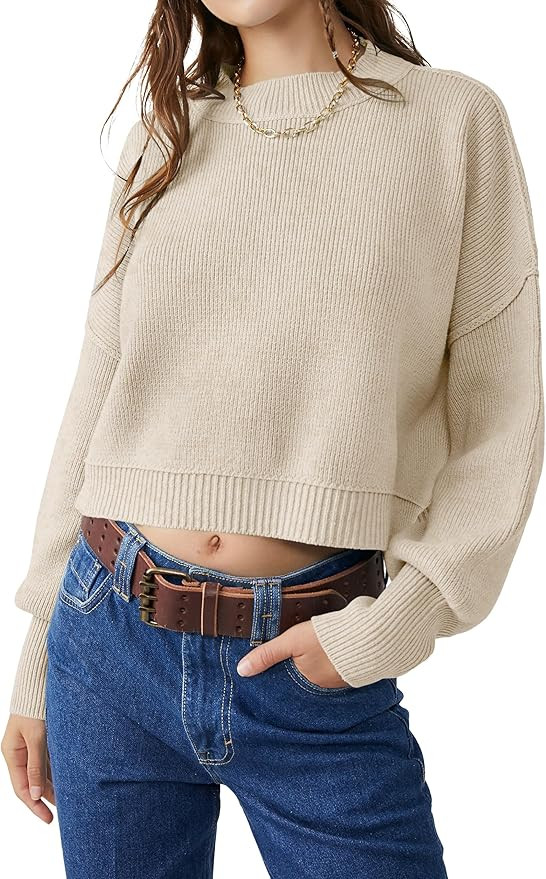 VIUTIL Womens Oversized Cropped Sweater Batwing Long Sleeve Crew Neck Knit Pullover Sweaters Tops... | Amazon (US)