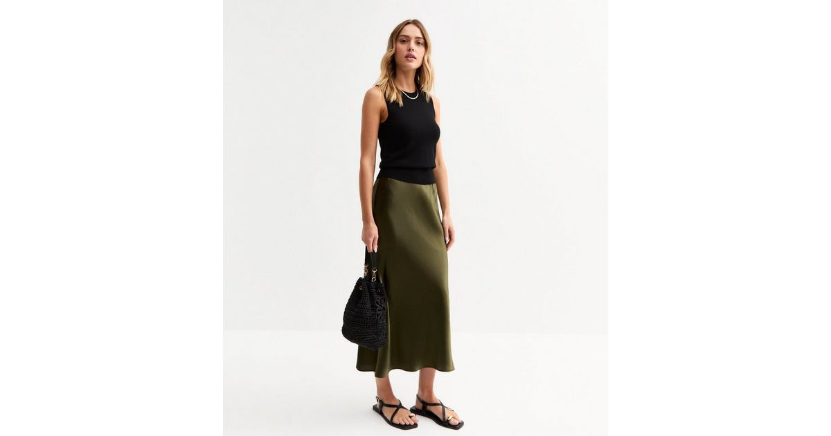 Khaki Textured Satin Midi Slip Skirt | New Look | New Look (UK)