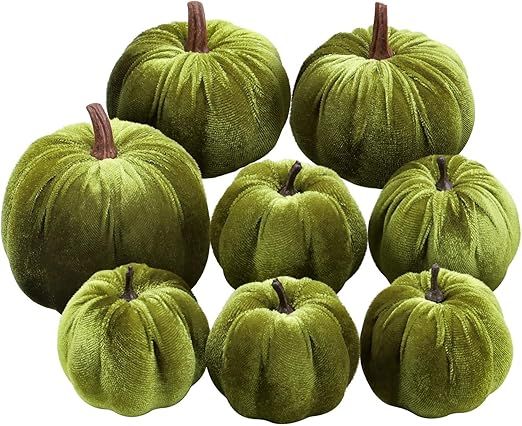 Woration 8pcs Assorted Size Fake Green Velvet Pumpkins Artificial Fall Harvest Halloween Decorati... | Amazon (US)
