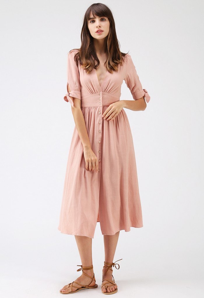 Summer Edition Button Down V-Neck Dress in Peach | Chicwish