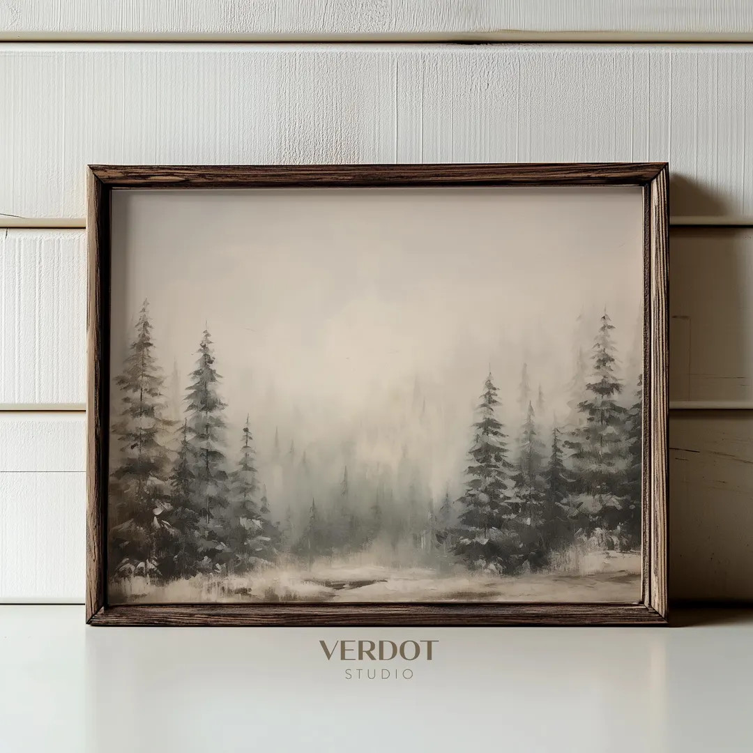 Winter Forest Painting, Christmas Printable Wall Art, Neutral Vintage Rustic Winter Trees Landsca... | Etsy (US)