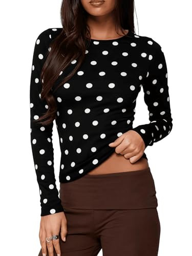 Seyumixi Polka Dot Tops for Women Y2K Long Sleeve Crop Top Vintage Cute Slim Fit Crew Neck Shirt Going Out Streetwear(Basic Black,M) | Amazon (US)