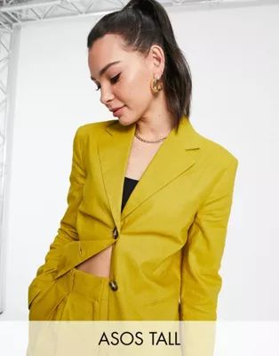 ASOS DESIGN Tall linen slim straight suit blazer in golden palm | ASOS (Global)