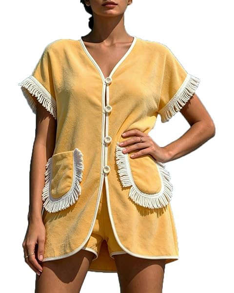 SOOKABEILA Womens Terry Cloth Set 2 Piece Towel Shorts Pjs Lounge Outfits | Amazon (US)