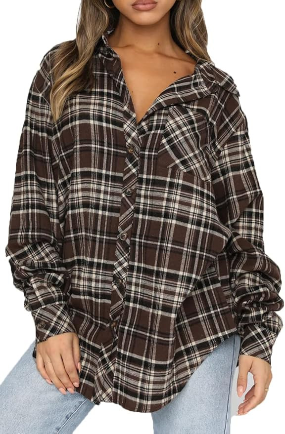 CHYRII Womens Button Down Flannel Shirts Long Sleeve Plaid Shackets Business Casual Blouse Top | Amazon (US)