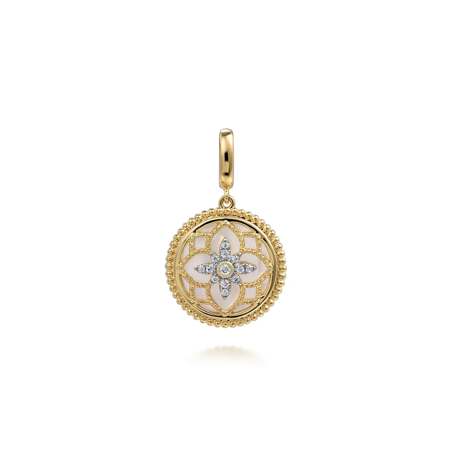14K Yellow Gold Bujukan Diamond and Mother of Pearl Medallion Pendant in size 18mm | Gabriel & Co. Fine Jewelry And Bridal