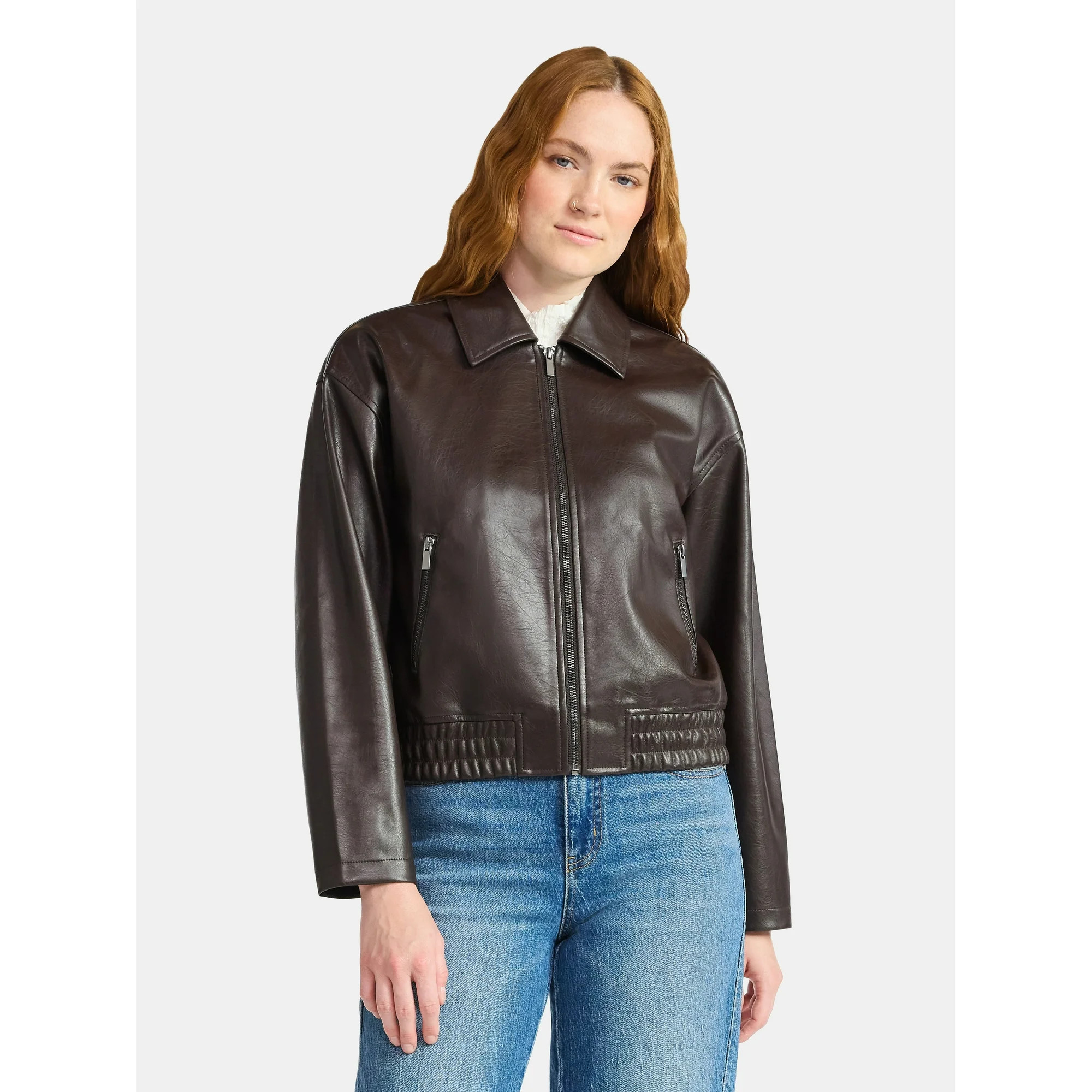 Time and Tru Women's Faux Leather Zip Jacket, Midweight, Sizes XS-XXXL | Walmart (US)