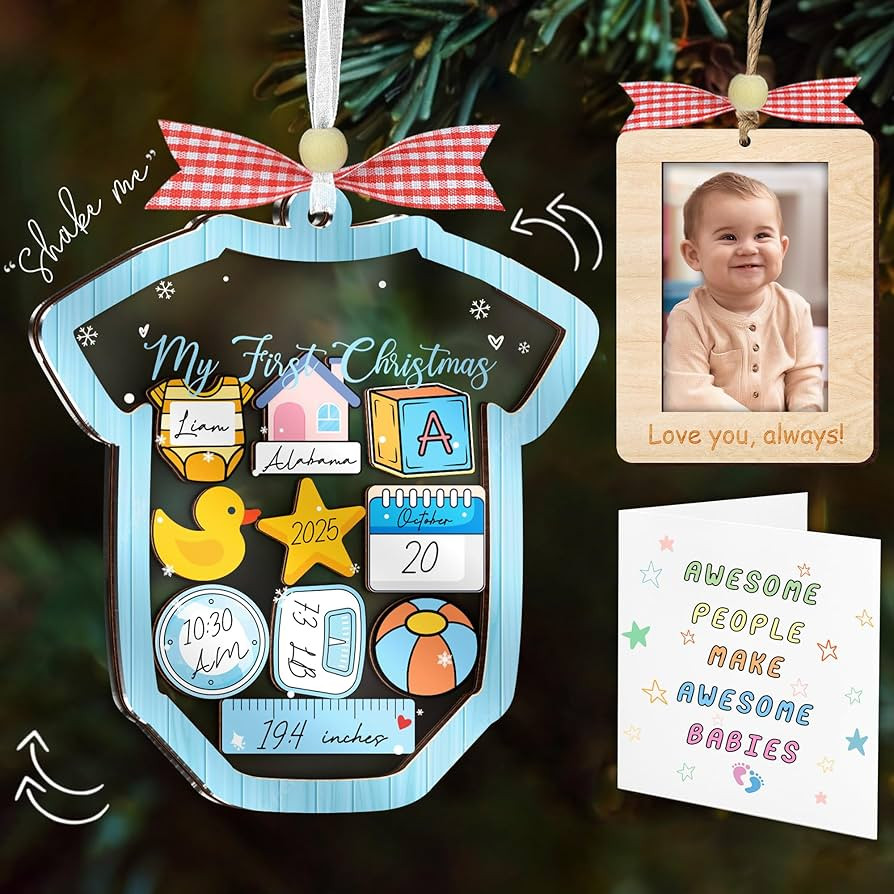 Baby's First Christmas Ornament 2025 Boy, DIY Wooden Onesie Shaker with Pen, Picture Frame Car Vi... | Amazon (US)
