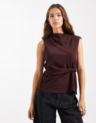 ASOS DESIGN cowl neck sleeveless top with twist waist detail in brown | ASOS (Global)