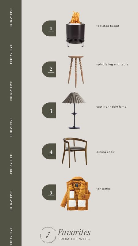The Friday Five: favorites from the week.  *tabletop fire pit,, spindle leg end table, cast iron lamp, dining chair, tan parka 

#LTKstyletip #LTKhome
