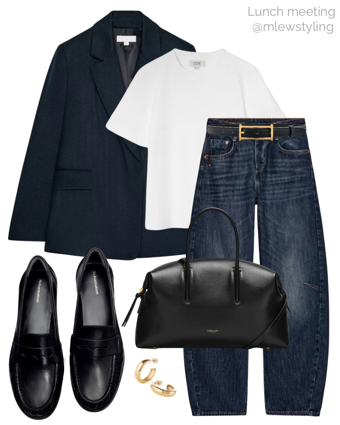 Winter outfit for a lunch meeting 🤍

Tags: office outfit, casual workwear, COS white t-shirt, barrel leg jeans, leather belt, DeMellier tote bag, reformation leather loafers, Zara oversized navy blue blazer, gold hoop earrings 

#LTKSeasonal #LTKdayinmylife #LTKWorkwear