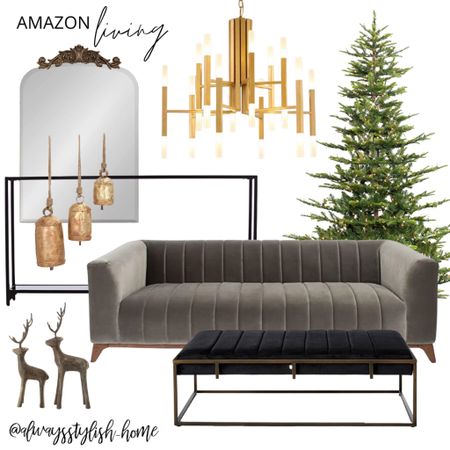 Holiday living room style, Christmas tree, taupe grey velvet sofa, black leather ottoman table, black metal console table, gold modern chandelier, restoration hardware dupe mirror, gold Christmas bells, gold reindeer decor, holiday decor, Christmas decor, modern home

#LTKHoliday #LTKhome