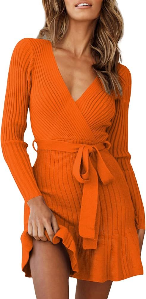 HUUSA Women's Sexy V Neck Wrap Sweater Dress Casual Long Sleeve Slim Bodycon Ruffle Hem Party Swe... | Amazon (US)
