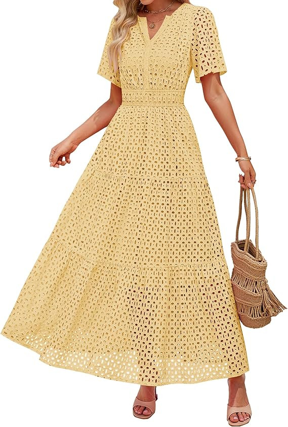 ZESICA Women's 2025 Summer Short Sleeve Maxi Dress Casual V Neck Hollow Out Eyelet Ruffle Swing A... | Amazon (US)