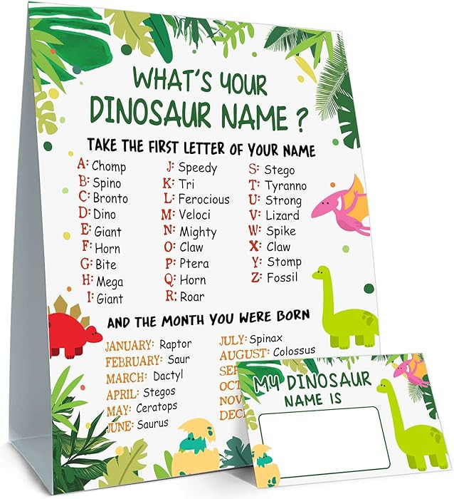 What is Your Dinosaur Name Game, Game Sign and 30 Cards, Dinosaur Birthday Party Sign for Boys an... | Amazon (US)
