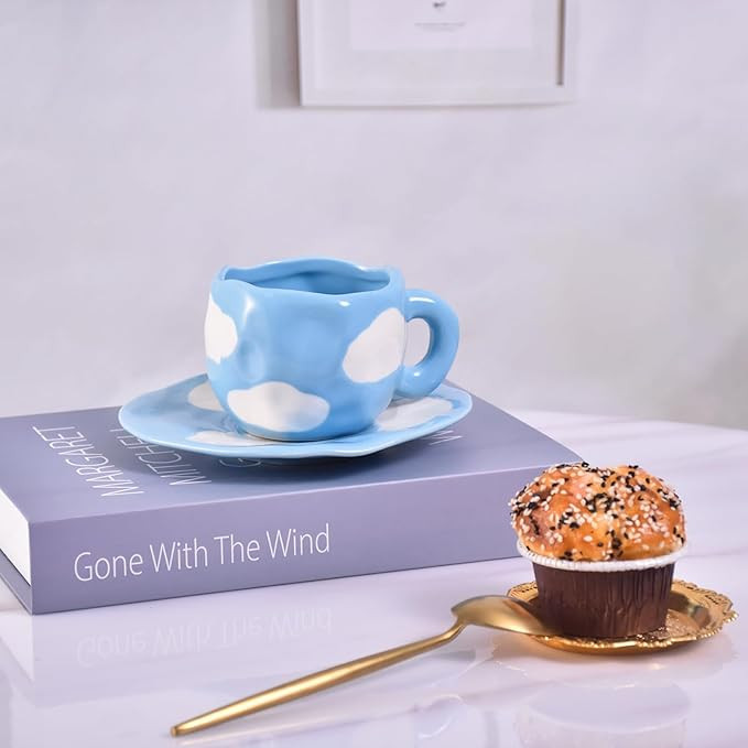 Koythin Ceramic Coffee Mug with Saucer Set, Cute Cloud Coffee Mug and Cup for Office and Home, Bl... | Amazon (US)